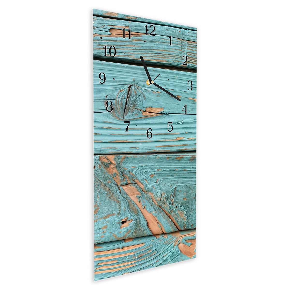 Vormontiert – mit Schwebeeffekt – Wanduhr Holzbretter Vintage aus Glas – Hochformat 30 × 60 cm
