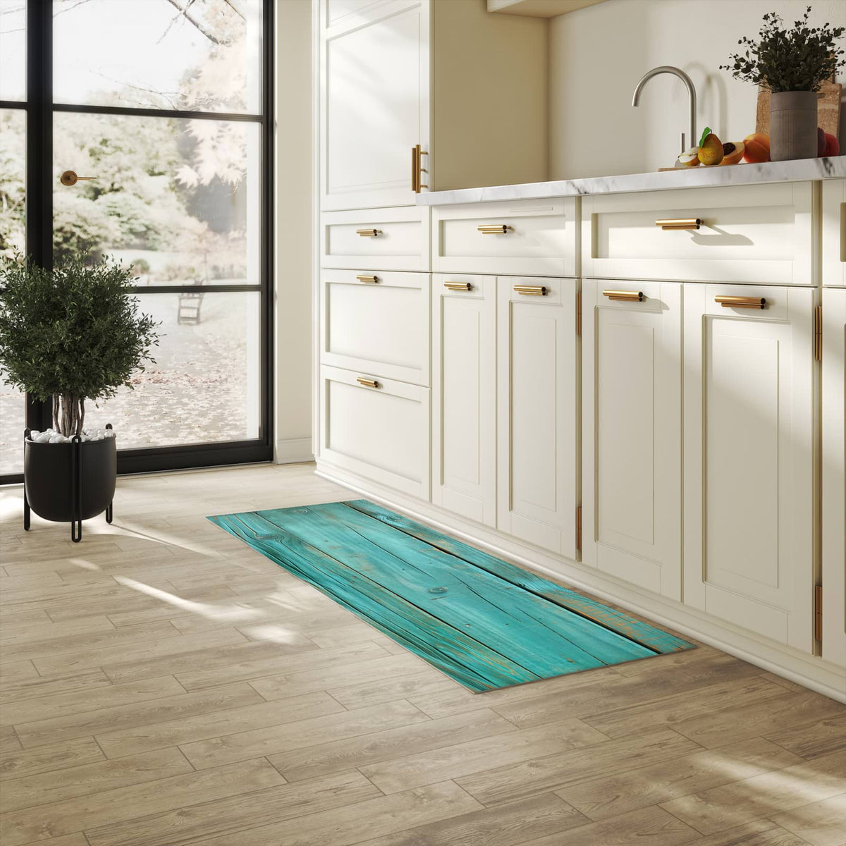 Hygienischer Teppich fürs Esszimmer mit Motiv Holzplanken Türkis in heller Küche