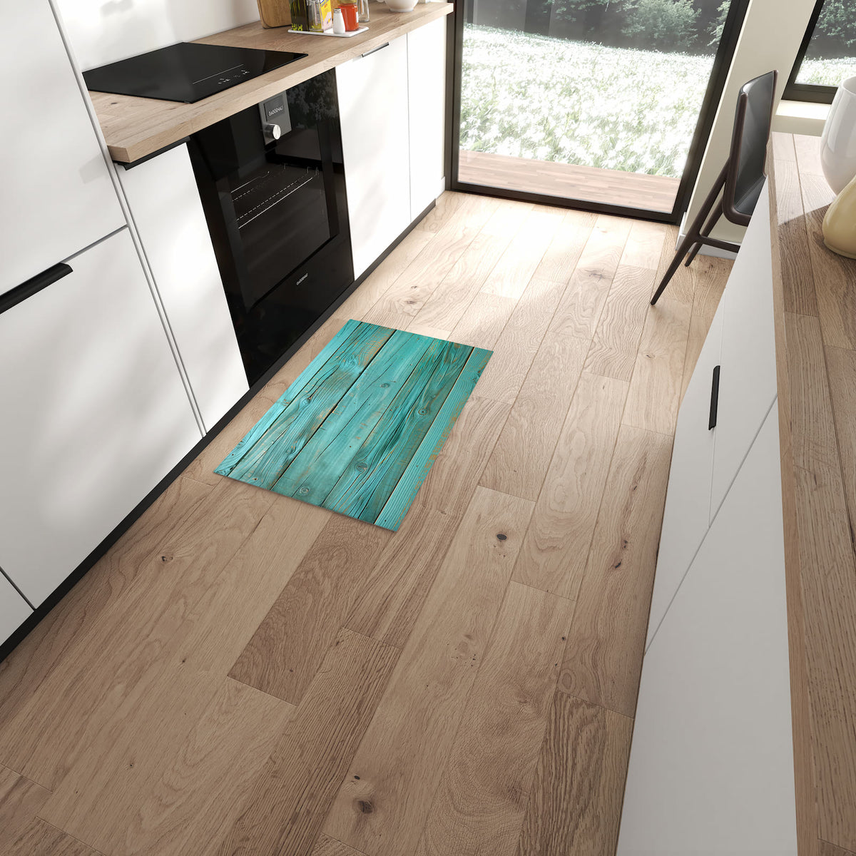 Formstabiler rutschfester Küchenteppich mit Motiv Holzplanken Türkis in moderner Küche
