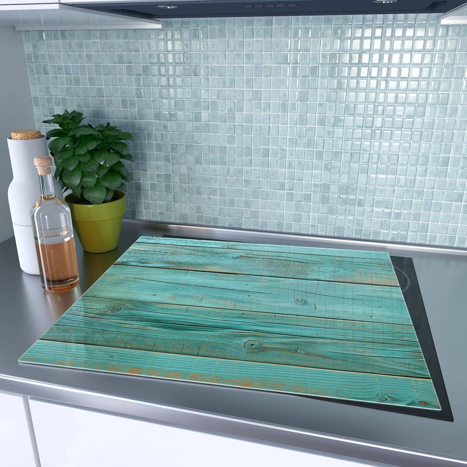 1-teilige Herdabdeckplatte für Ceranfeld mit Holzplanken Türkis-Motiv auf dem Ceranfeld