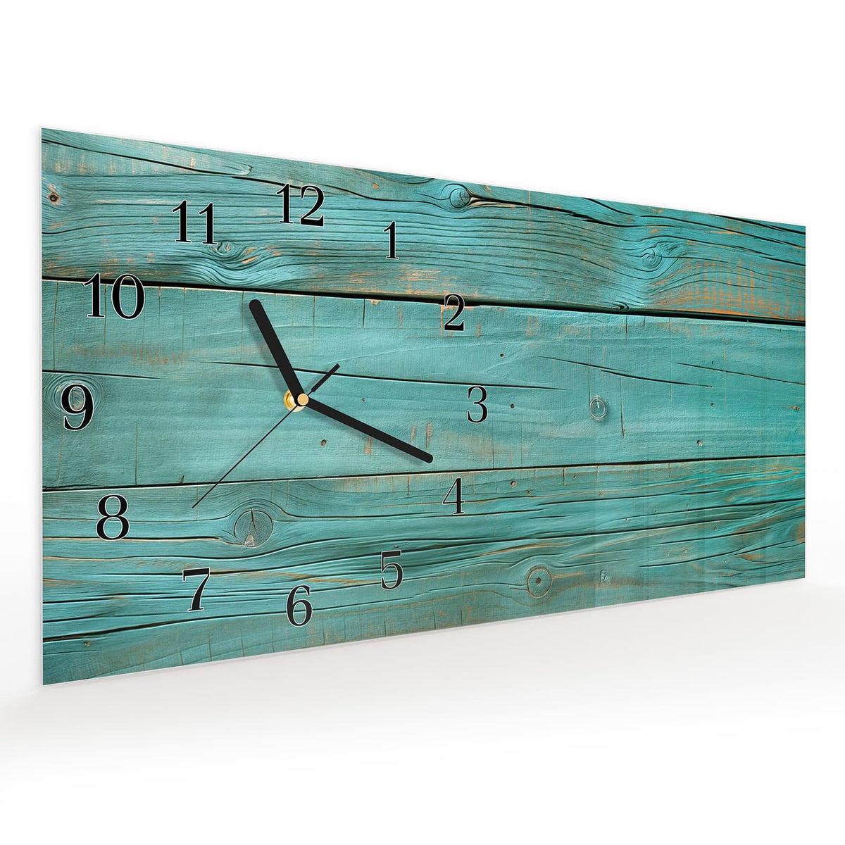 Vormontiert – mit Schwebeeffekt – Wanduhr Holzplanken Türkis aus Glas – Querformat 60 × 30 cm