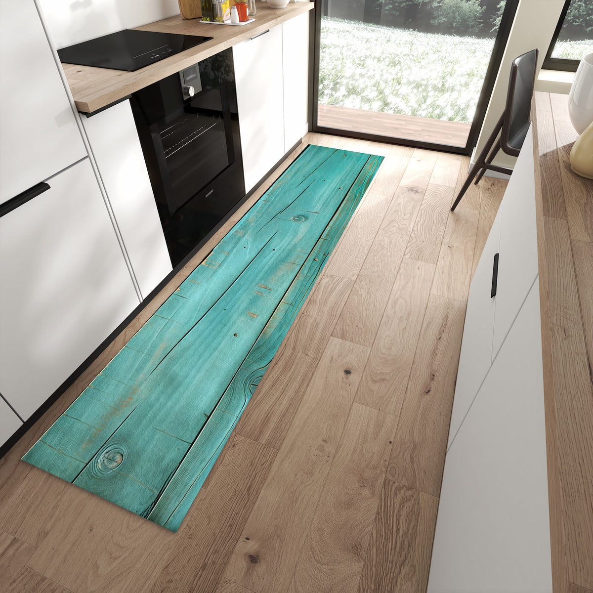 Bodenschonender rutschfester Läufer mit Motiv Holzplanken Türkis in moderner Küche