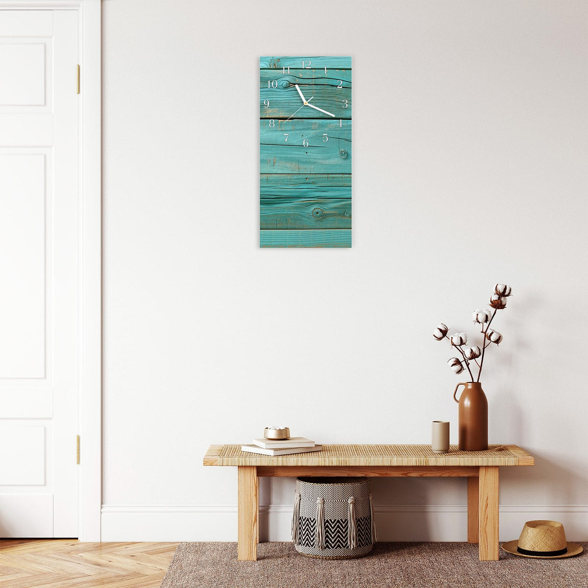 Moderne Wanduhr aus Glas mit Farbtiefe – Wanduhr Holzplanken Türkis aus Glas – Hochformat 30 × 60 cm