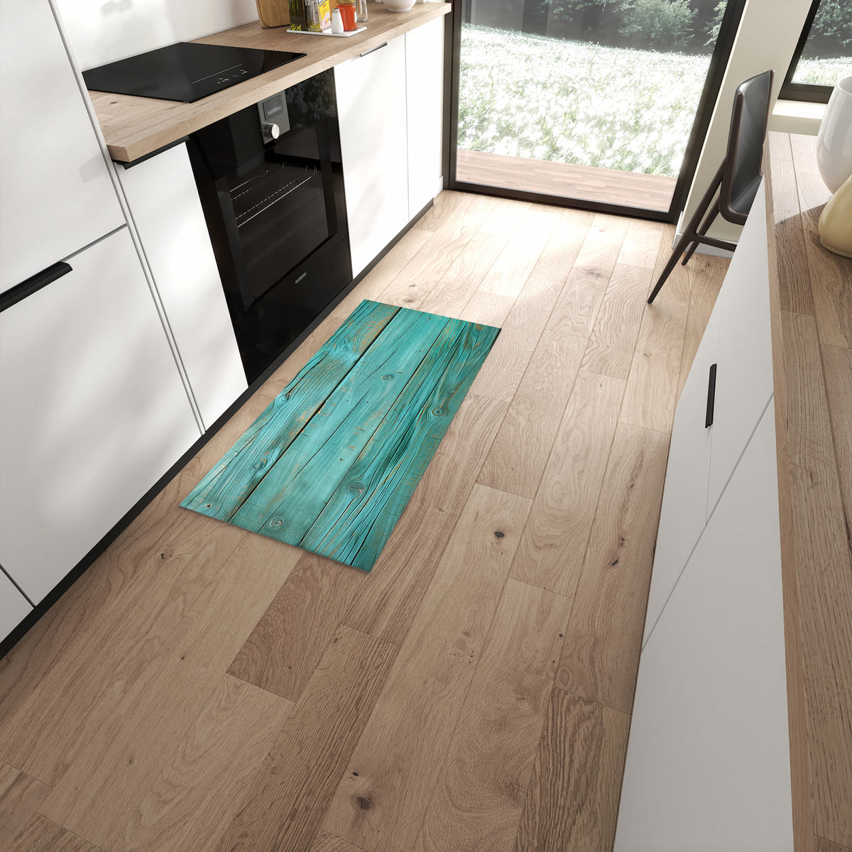 Rutschfester waschbarer Küchenläufer mit Motiv Holzplanken Türkis in moderner Küche #grösse_60 x 120 cm