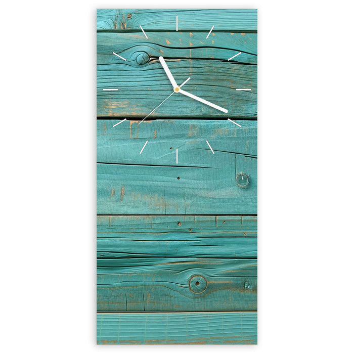Wanduhr Holzplanken Türkis aus Glas – Hochformat 30 × 60 cm mit Ziffernblatt Linie