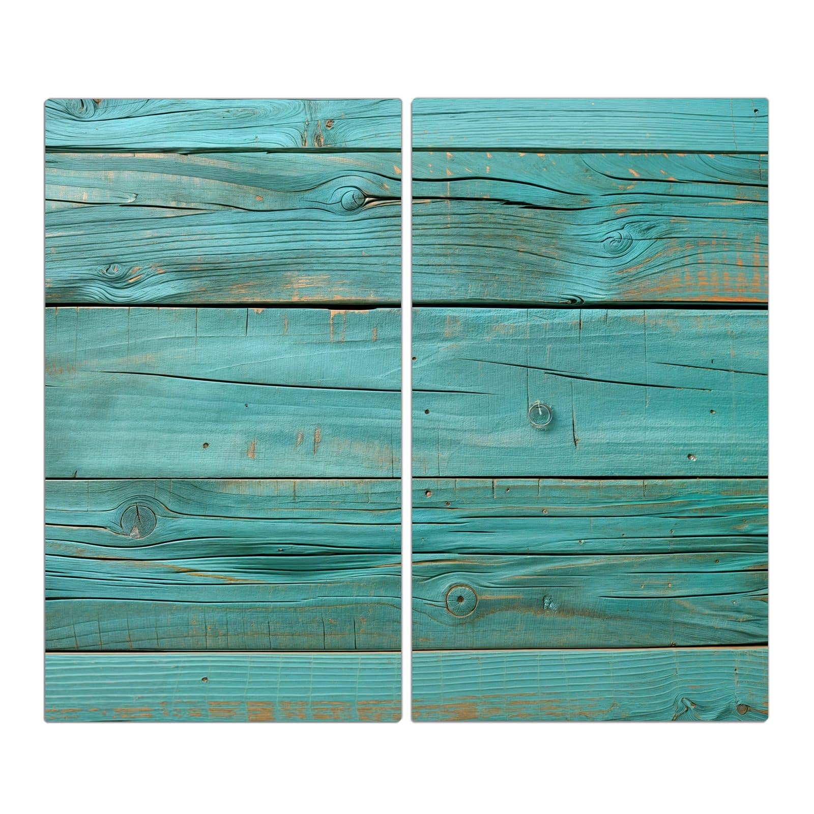 2-teilige Herdplattenabdeckung mit Holzplanken Türkis-Motiv in der Frontansicht #grösse_2-Teilig (60x52cm)