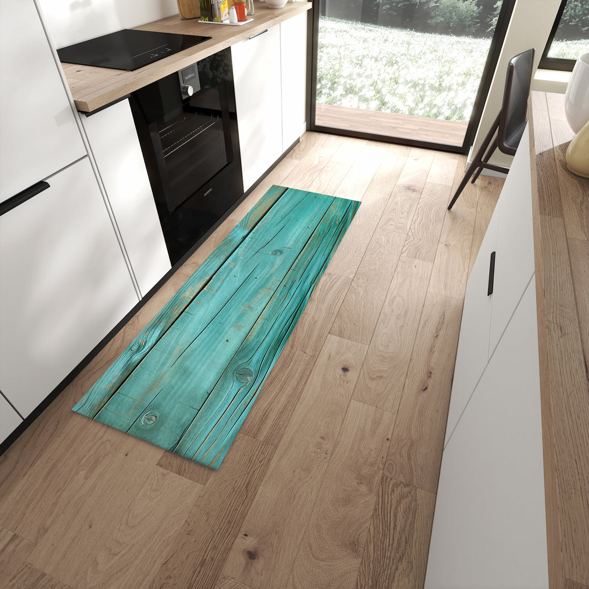 Bodenschonender langer Teppich mit Motiv Holzplanken Türkis in moderner Küche