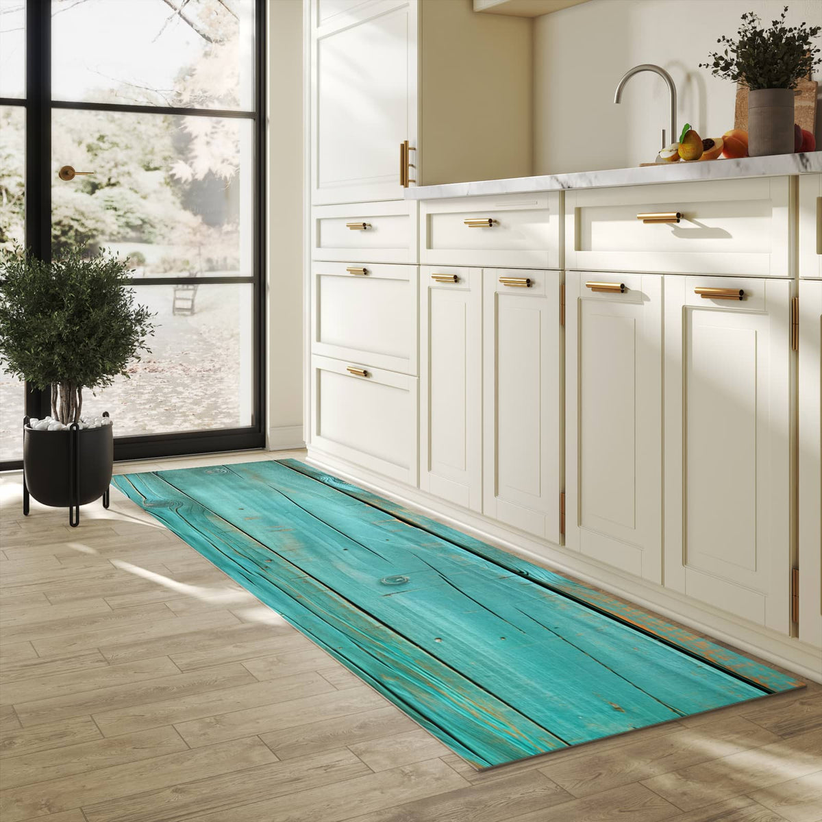 Küchenteppich mit Motiv Holzplanken Türkis für Ordnung & Übersicht in heller Küche