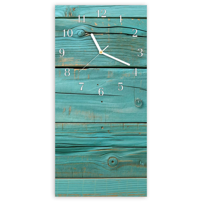 Wanduhr Holzplanken Türkis aus Glas – Hochformat 30 × 60 cm mit Ziffernblatt Klassisch