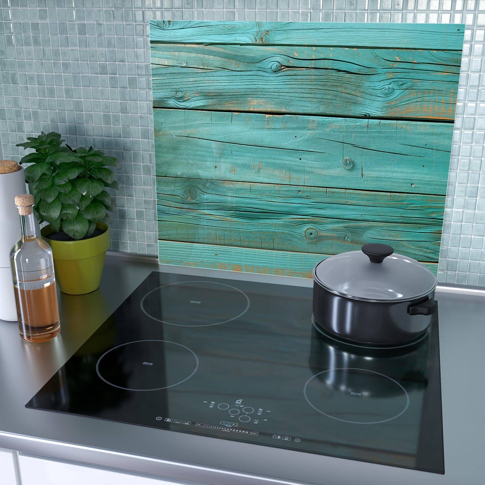 1-teilige Herdabdeckplatte mit Holzplanken Türkis-Motiv als Spritzschutz hinter dem Kochfeld
