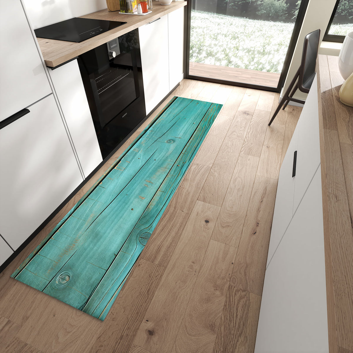 Küchenläufer mit Motiv Holzplanken Türkis für Ordnung im Eingangsbereich moderner Küche