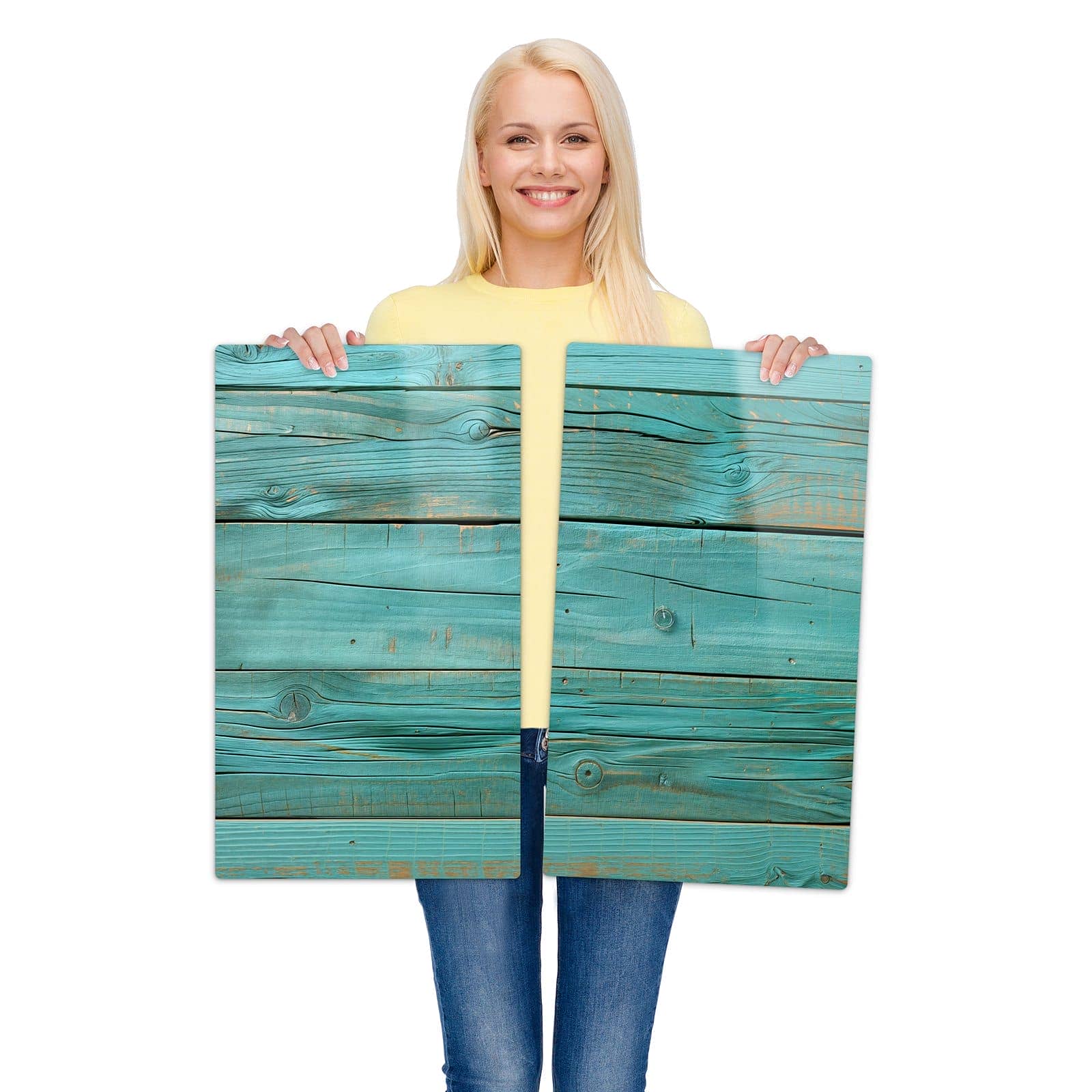 2-teilige Ceranfeld Abdeckplatten mit Holzplanken Türkis-Motiv wird zur Größendarstellung gehalten