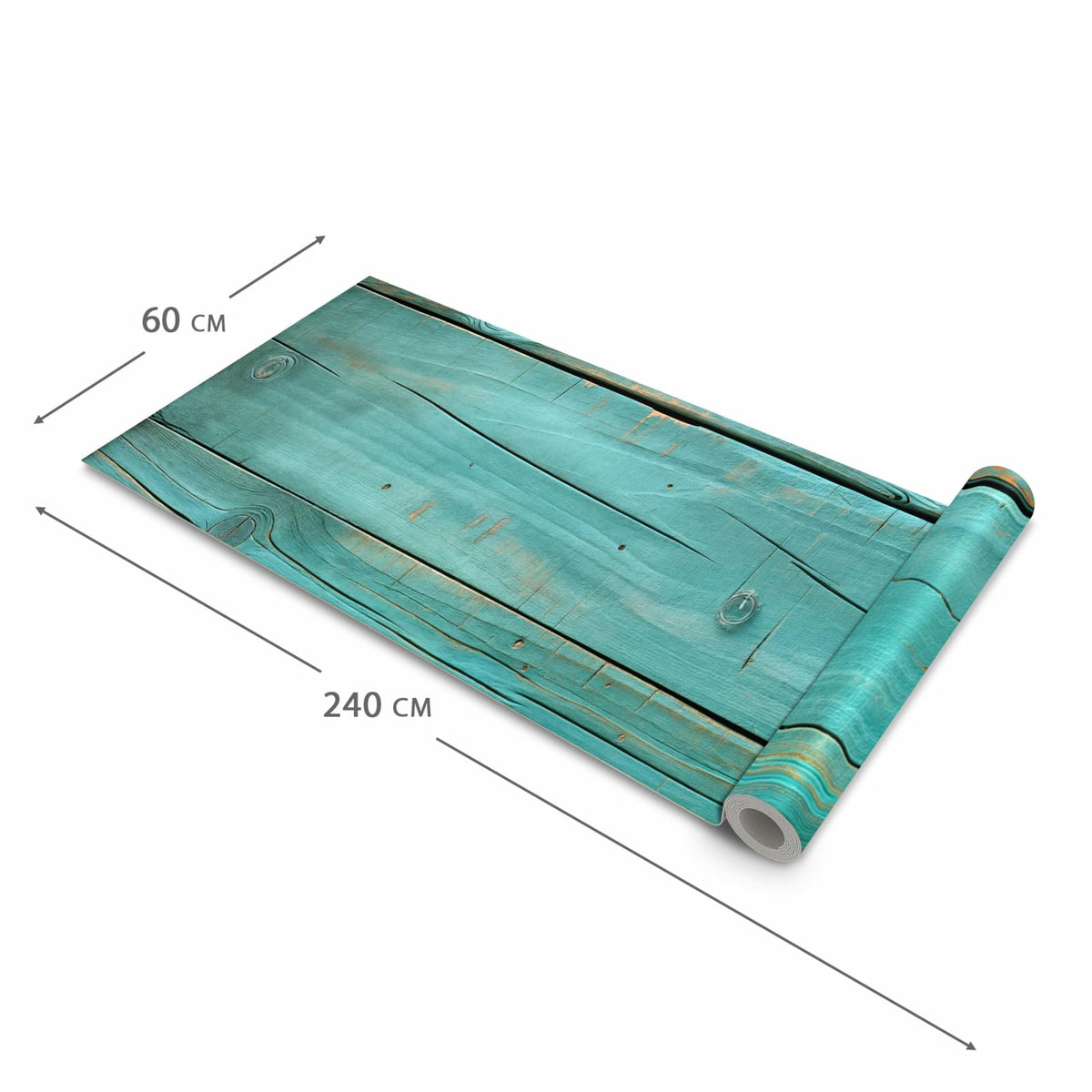 Formstabiler waschbarer Küchenteppich mit Motiv Holzplanken Türkis in der Grösse 60x300 cm