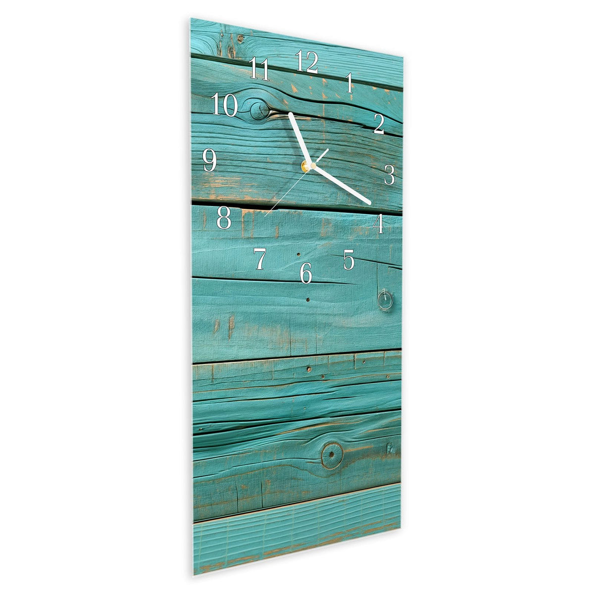 Vormontiert – mit Schwebeeffekt – Wanduhr Holzplanken Türkis aus Glas – Hochformat 30 × 60 cm