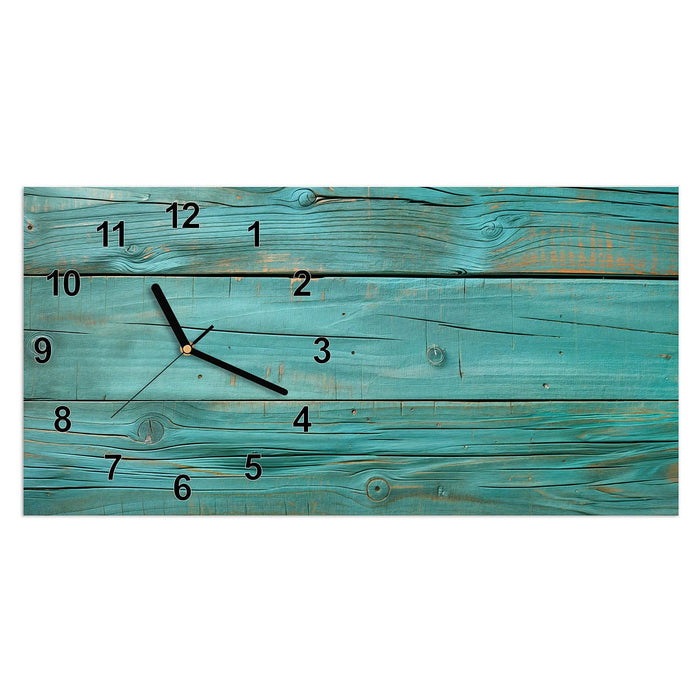 Wanduhr Holzplanken Türkis aus Glas – Querformat 60 × 30 cm mit Ziffernblatt Modern
