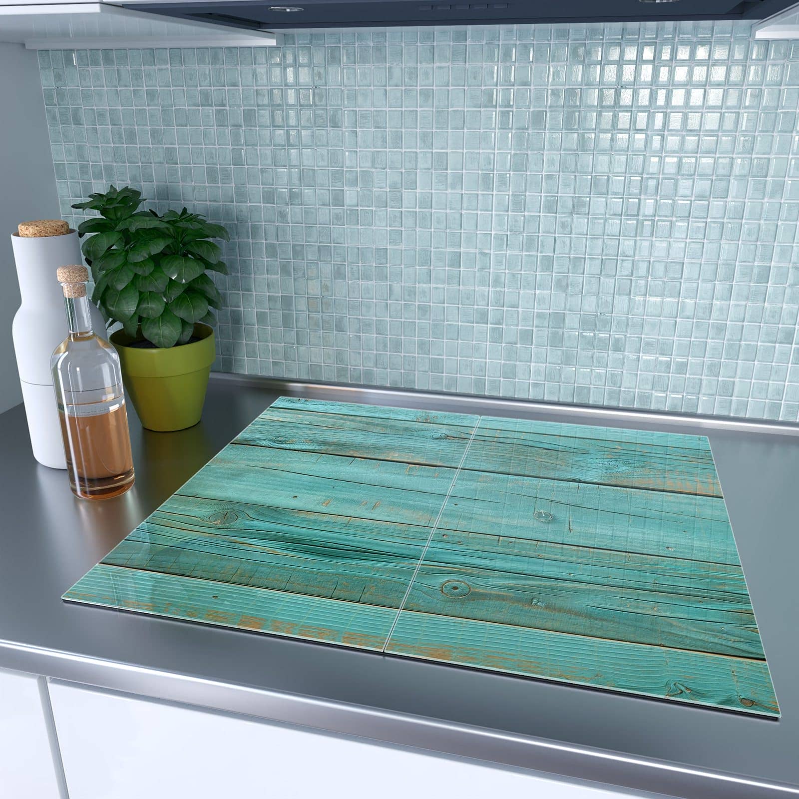 2-teilige Abdeckplatten für Ceranfeld mit Holzplanken Türkis-Motiv auf dem Ceranfeld