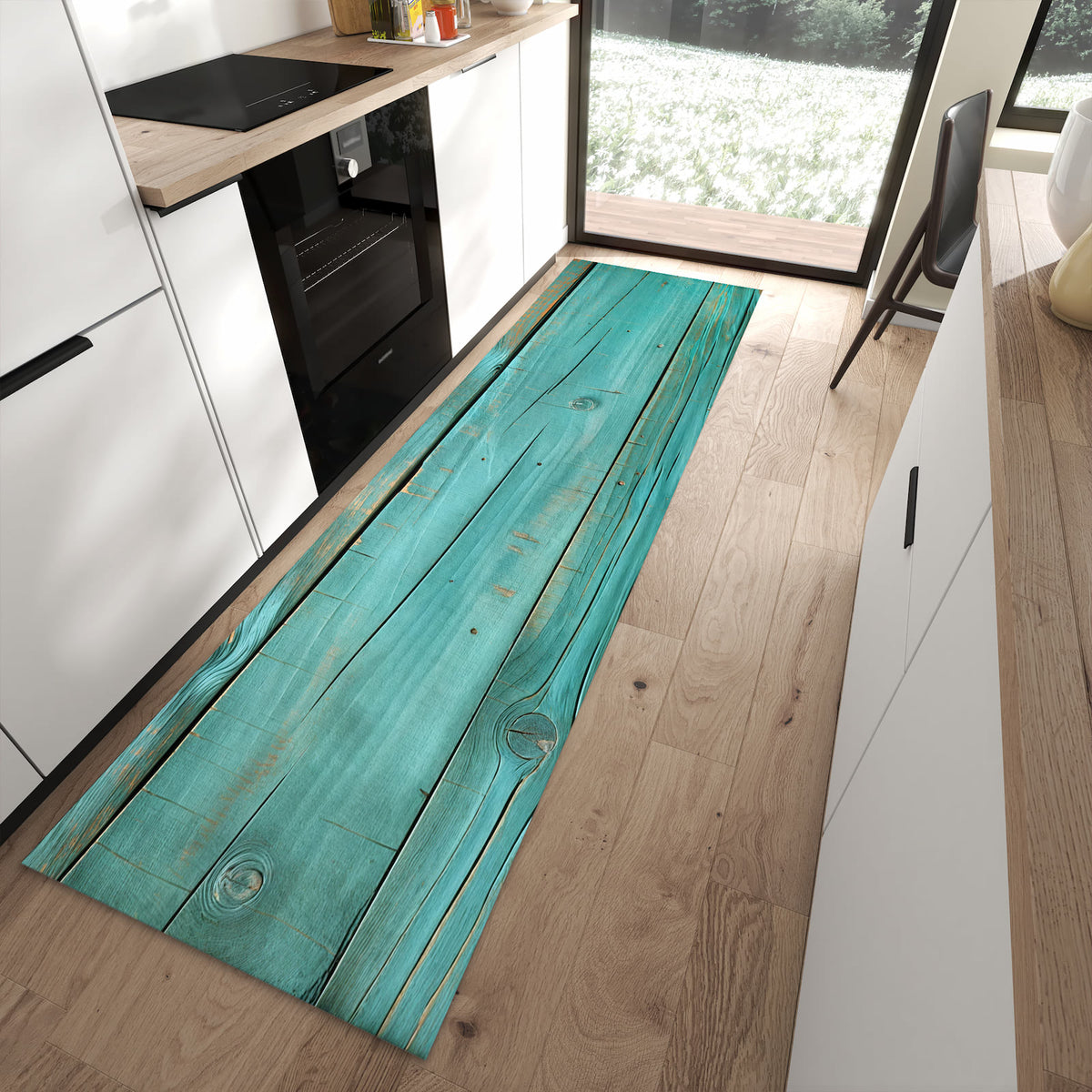 Geräuschdämpfender Teppich für Esstisch mit Motiv Holzplanken Türkis in moderner Küche
