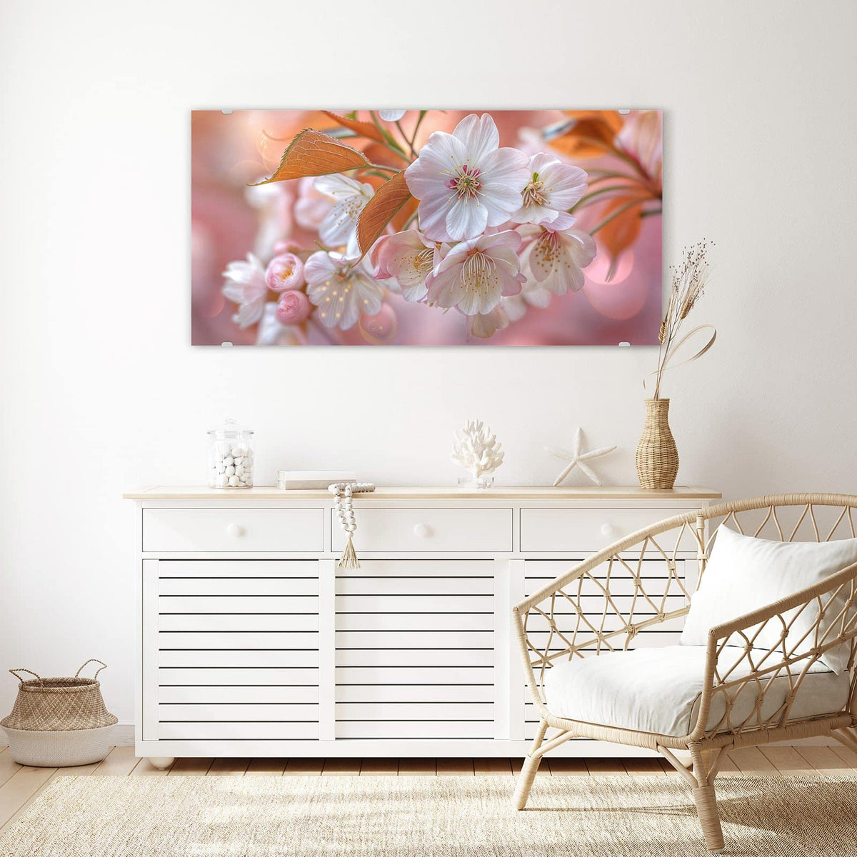 Echtglas, 4 mm – kein Acryl, keine Folie – Wandbild - Blüten mit Bronzelaub - Querformat