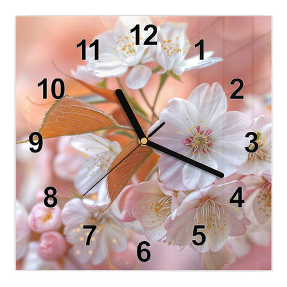 Wanduhr Quadratisch mit dem Motiv Blüten mit Bronzelaub