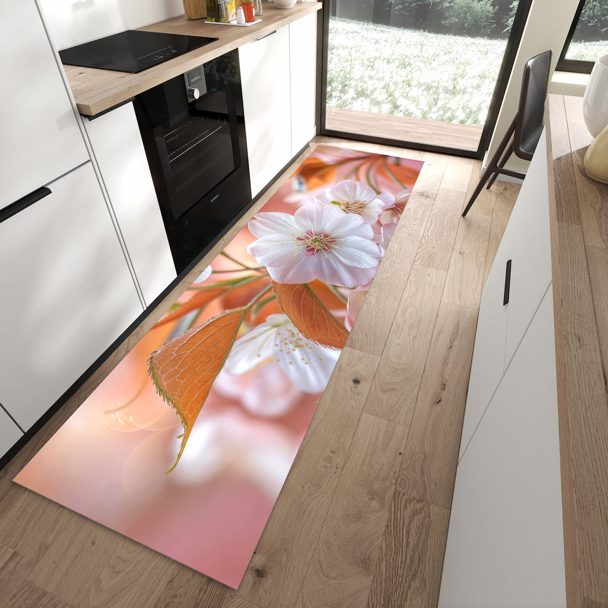 Hygienischer Küchenteppich mit Motiv Blühende Blüten in moderner Küche - waschbar