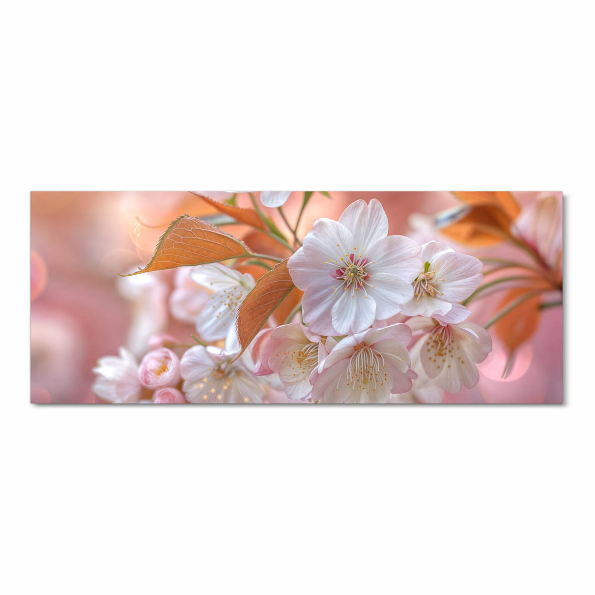 Weiße Kirschblüten mit bronzefarbenen jungen Blättern vor pfirsichfarbenem Bokeh.