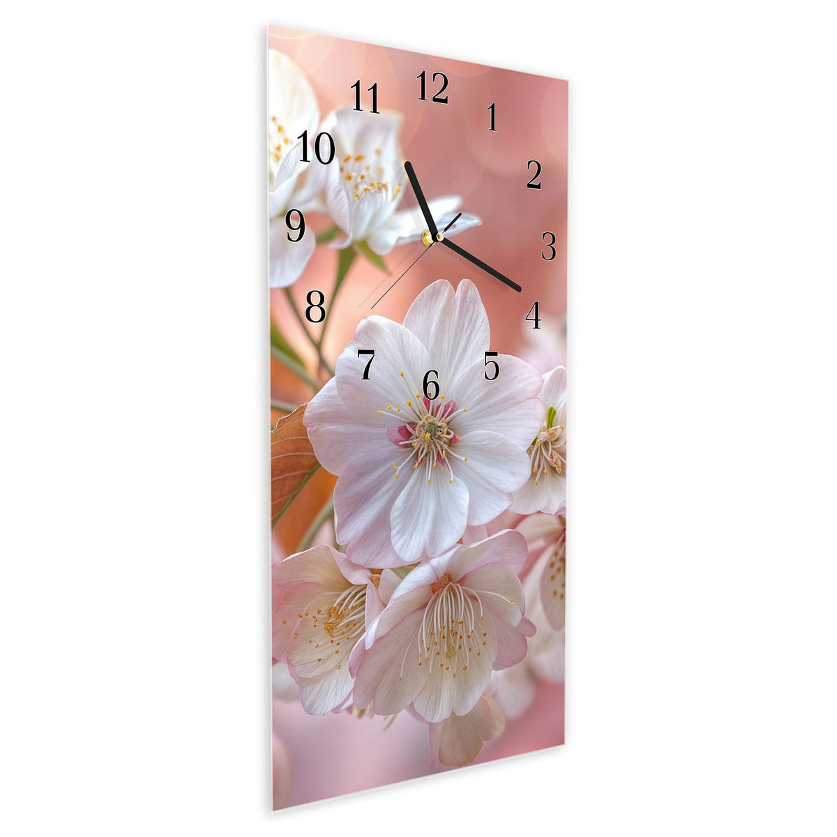 Vormontiert – mit Schwebeeffekt – Wanduhr Üppige Blütenpracht aus Glas – Hochformat 30 × 60 cm
