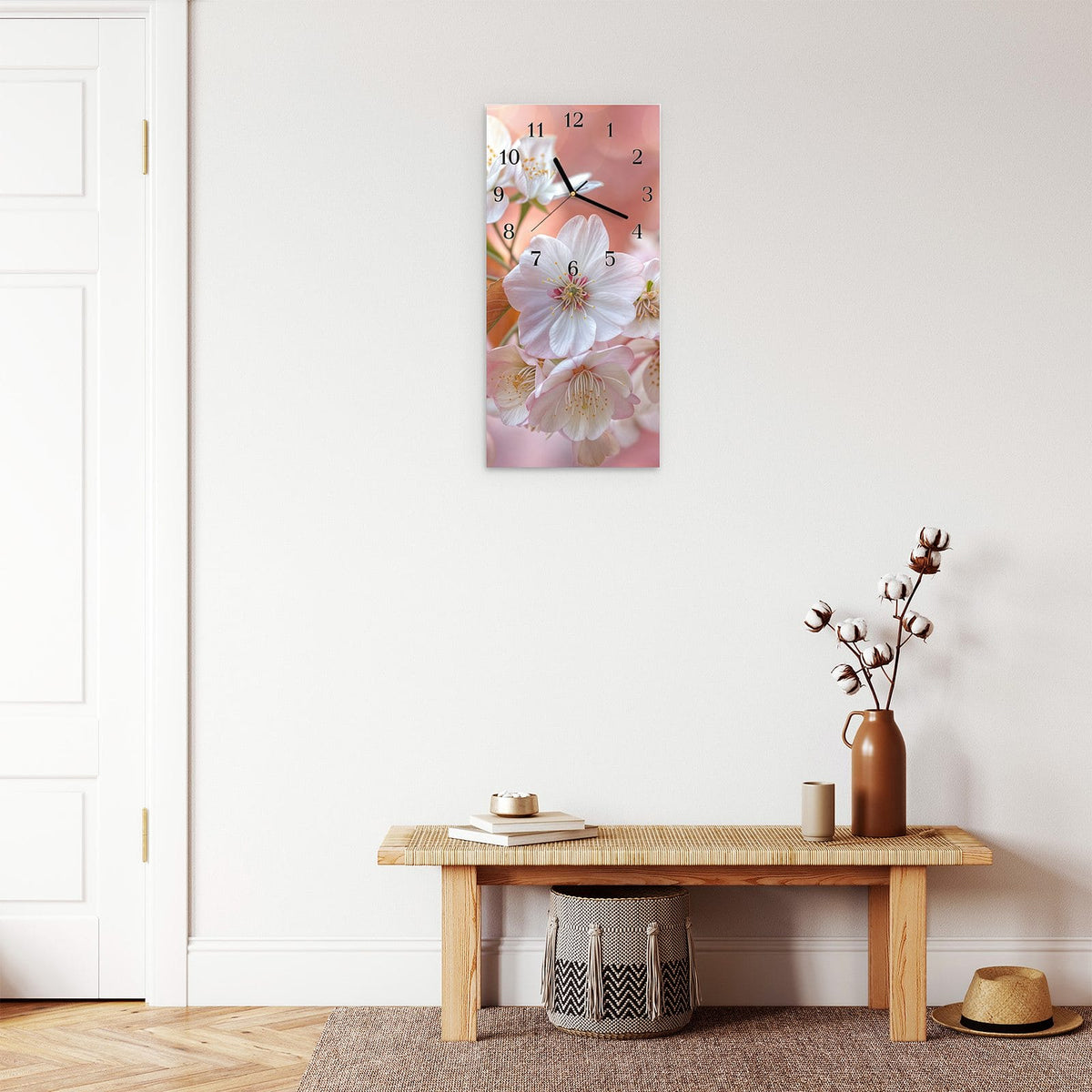 Moderne Wanduhr aus Glas mit Farbtiefe – Wanduhr Üppige Blütenpracht aus Glas – Hochformat 30 × 60 cm