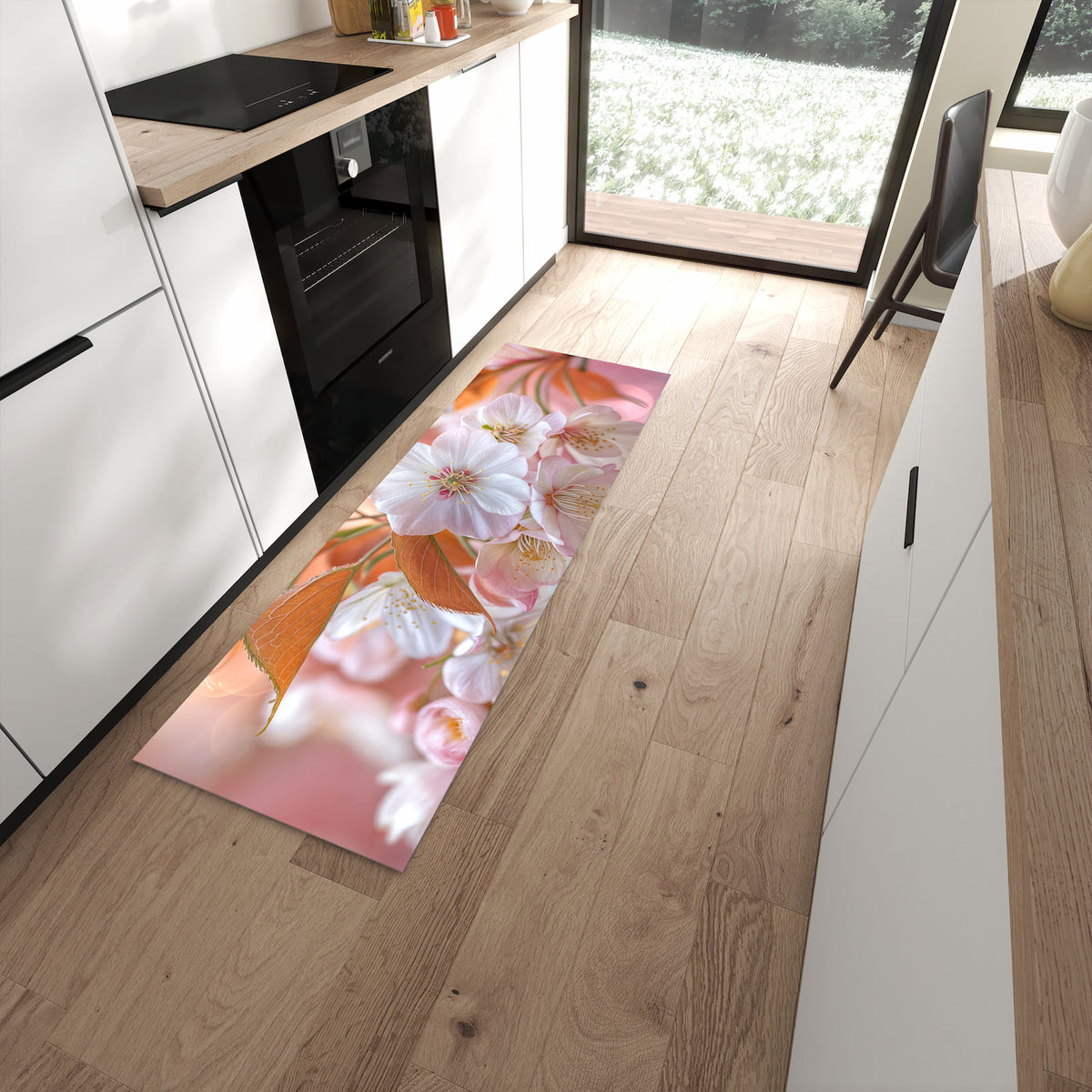 Langlebiger Küchenteppich mit Motiv Blühende Blüten in moderner Küche