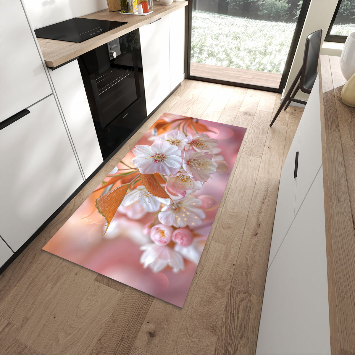 Waschbarer Küchenläufer mit Motiv Blühende Blüten in moderner Küche