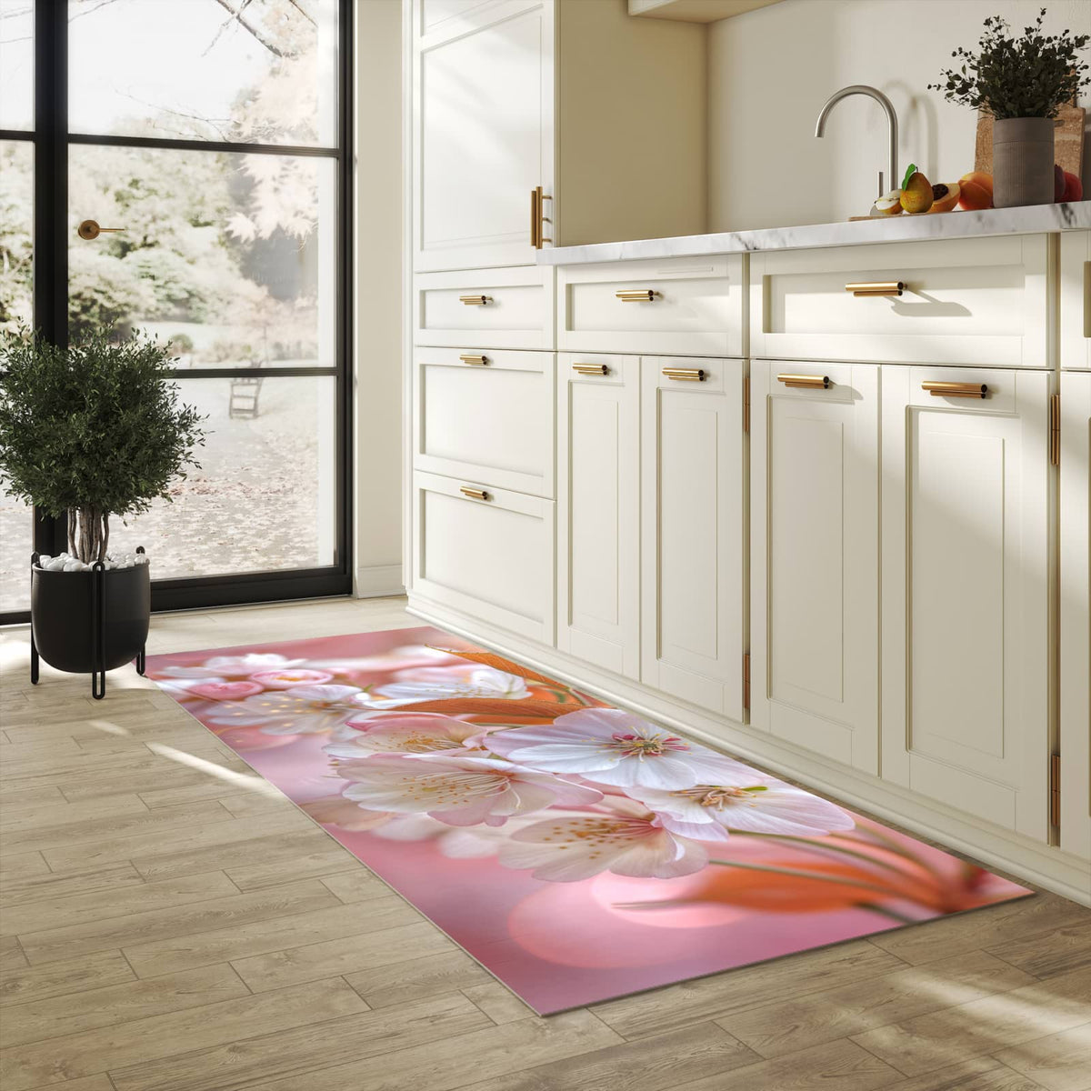 Rutschhemmender dünner Teppich mit Motiv Blühende Blüten in heller Küche