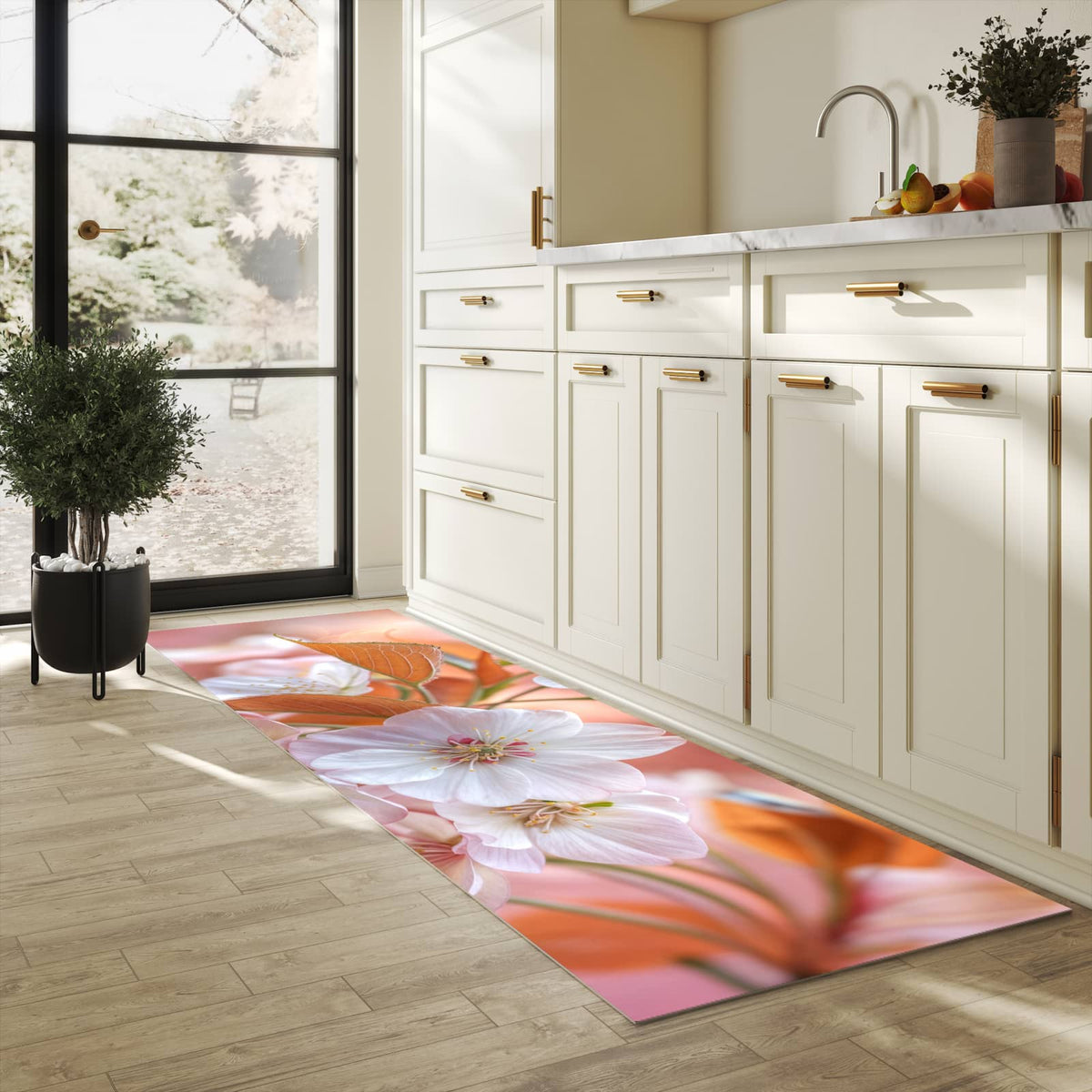 Flacher Küchenläufer mit Motiv Blühende Blüten in heller Küche für lange Teppiche