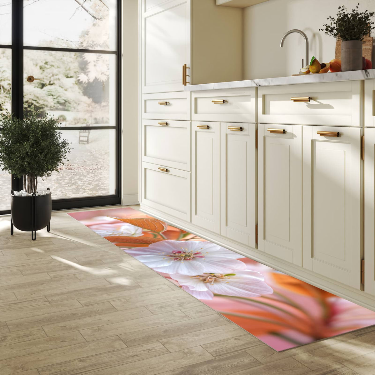 Fleckenresistenter Küchenläufer mit Motiv Blühende Blüten in heller Küche