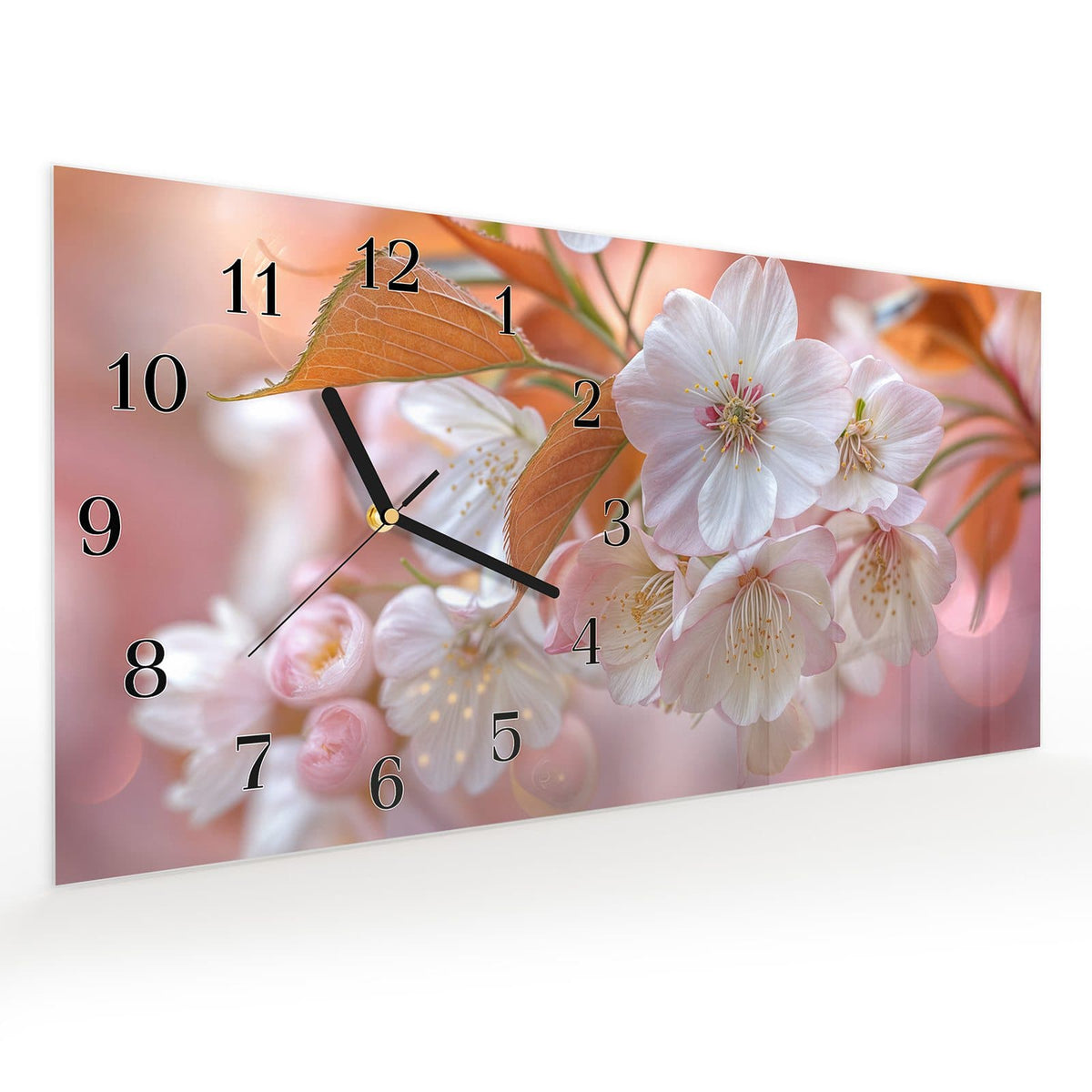 Vormontiert – mit Schwebeeffekt – Wanduhr Üppige Blütenpracht aus Glas – Querformat 60 × 30 cm