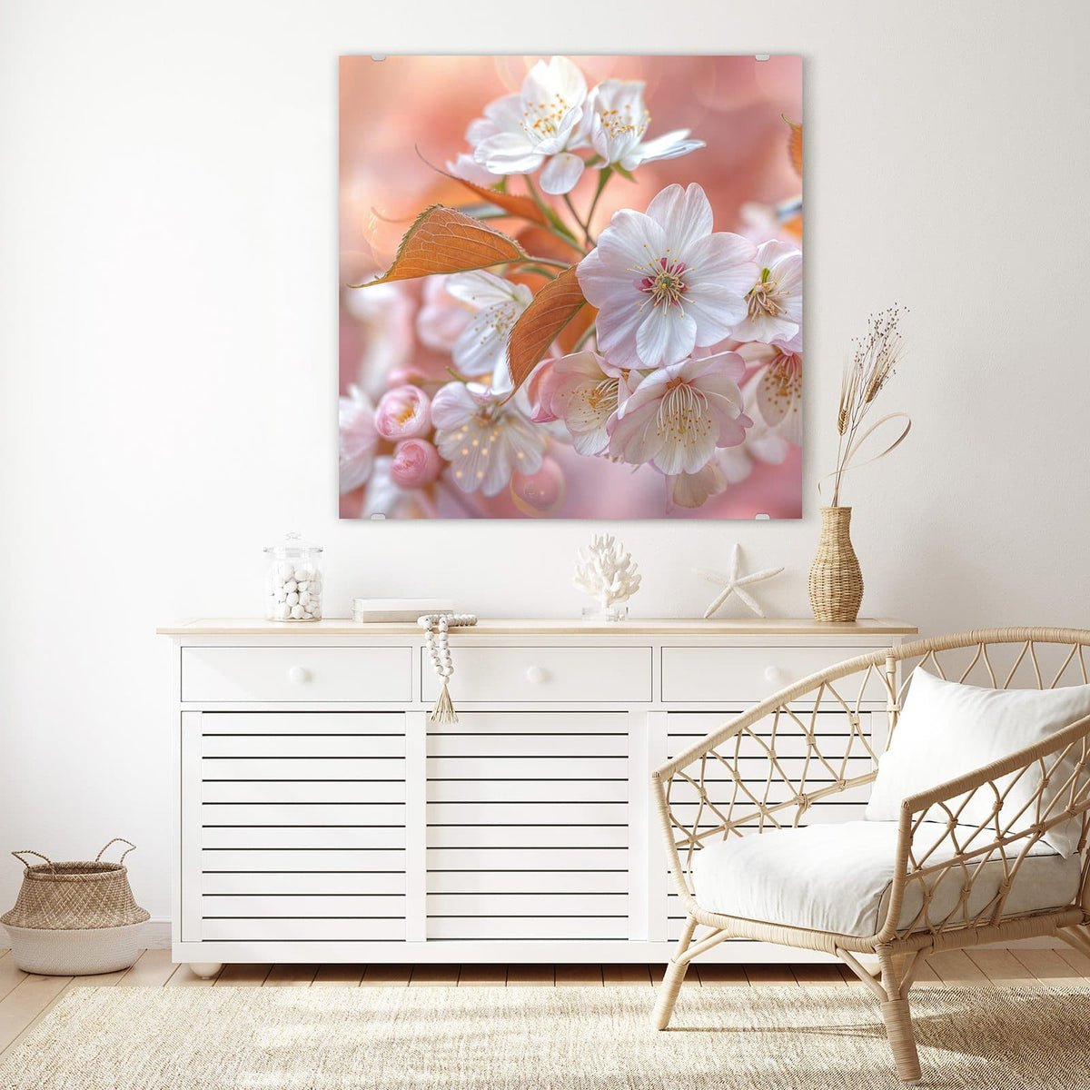 Echtglas, 4 mm – kein Acryl, keine Folie – Wandbild - Blüten mit Bronzelaub - Quadratisch