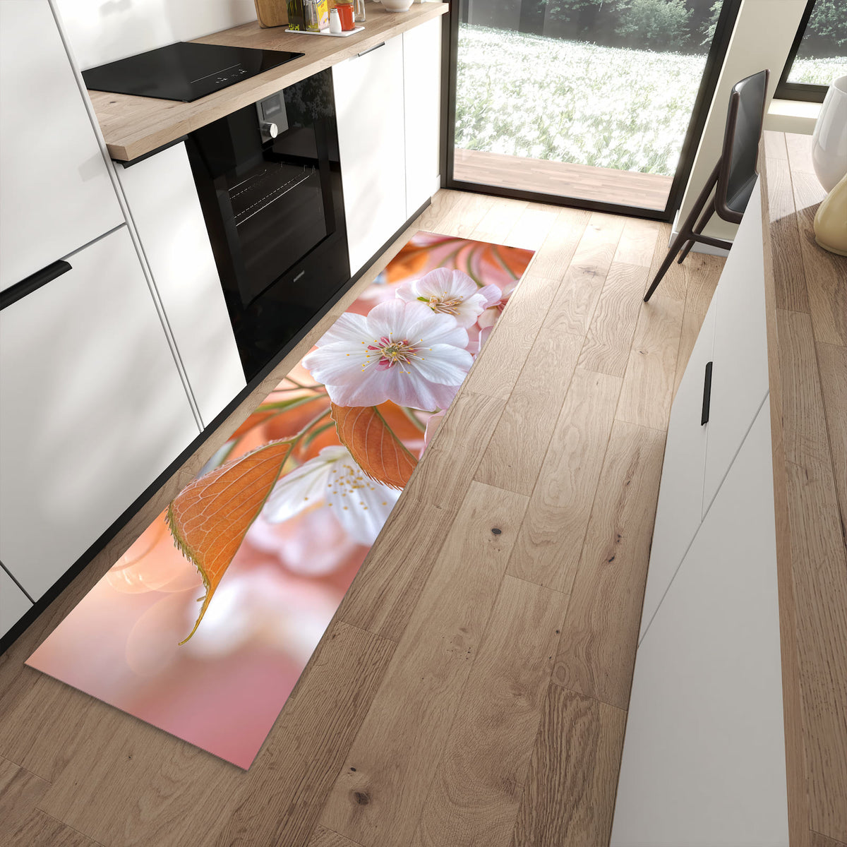 Flacher Küchenteppich mit Motiv Blühende Blüten in moderner Küche