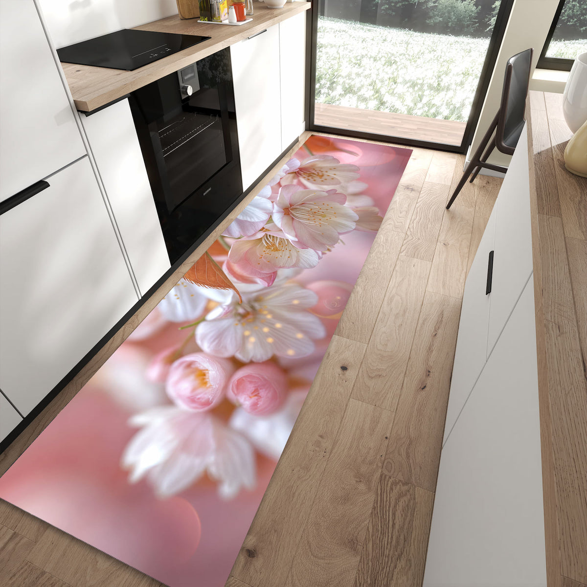 Strapazierfähiger Küchenläufer mit Motiv Blühende Blüten in moderner Küche