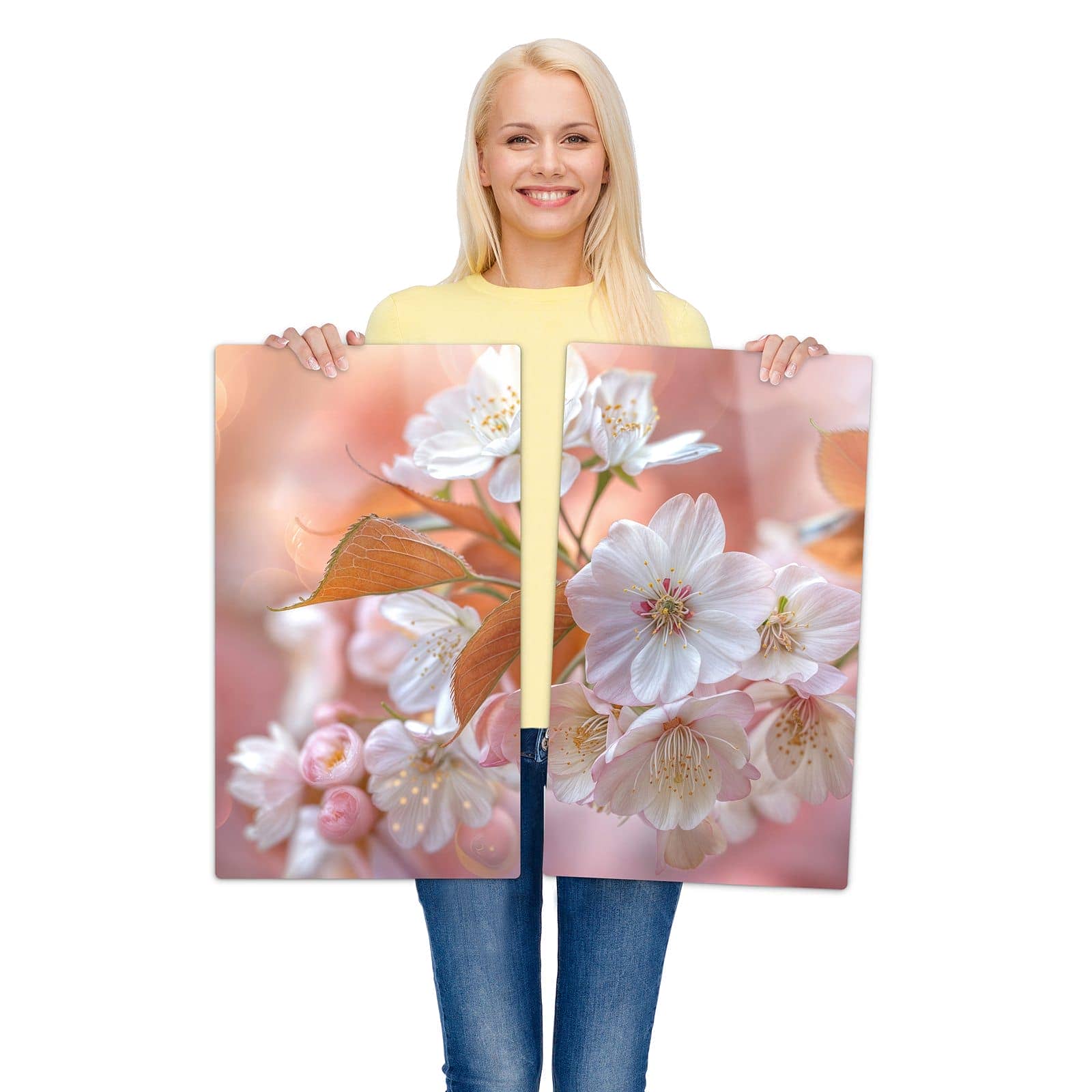 Ceranfeld Abdeckplatten mit Üppige Blütenpracht-Motiv werden zur Größendarstellung gehalten