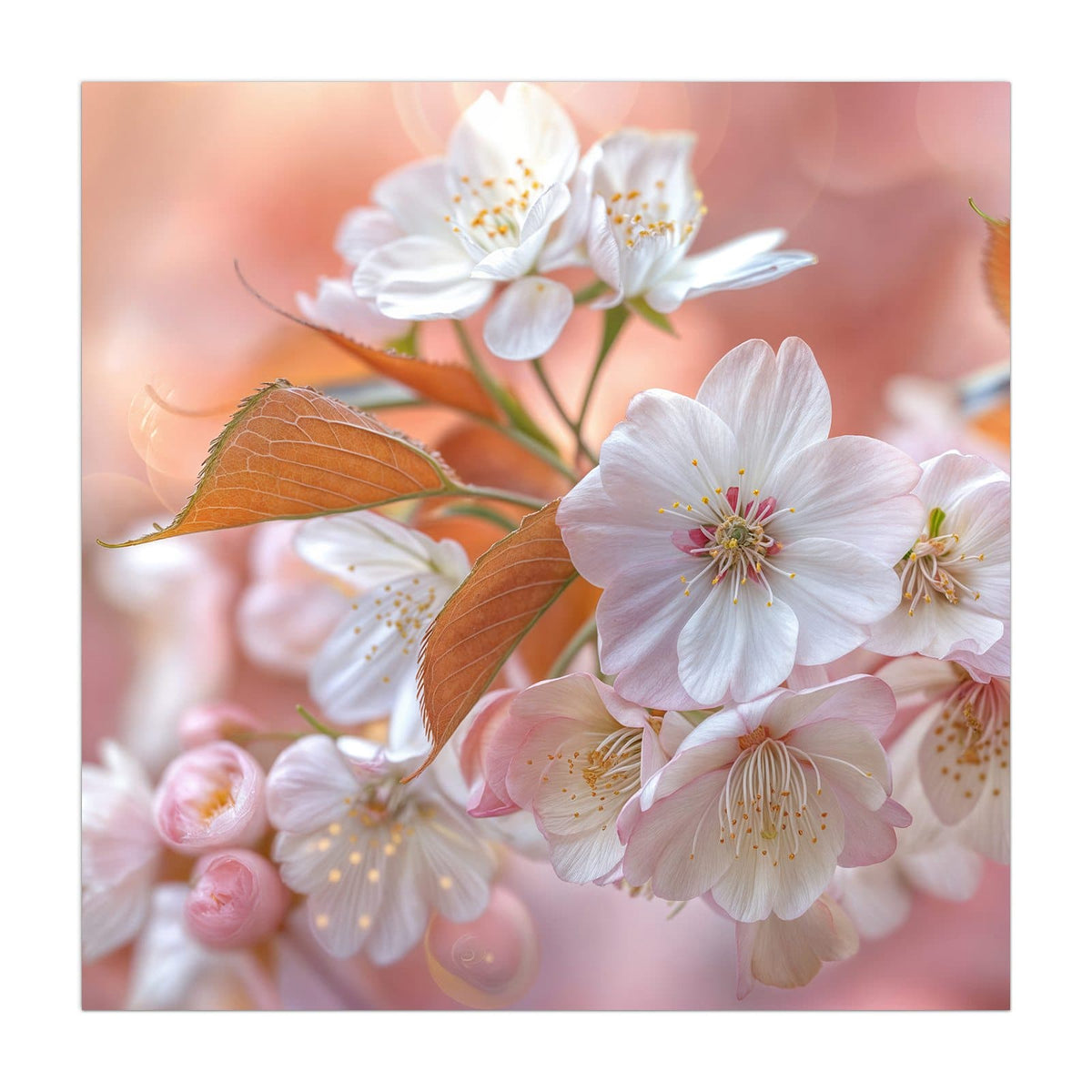 Weiße Kirschblüten mit bronzefarbenen jungen Blättern vor pfirsichfarbenem Bokeh.