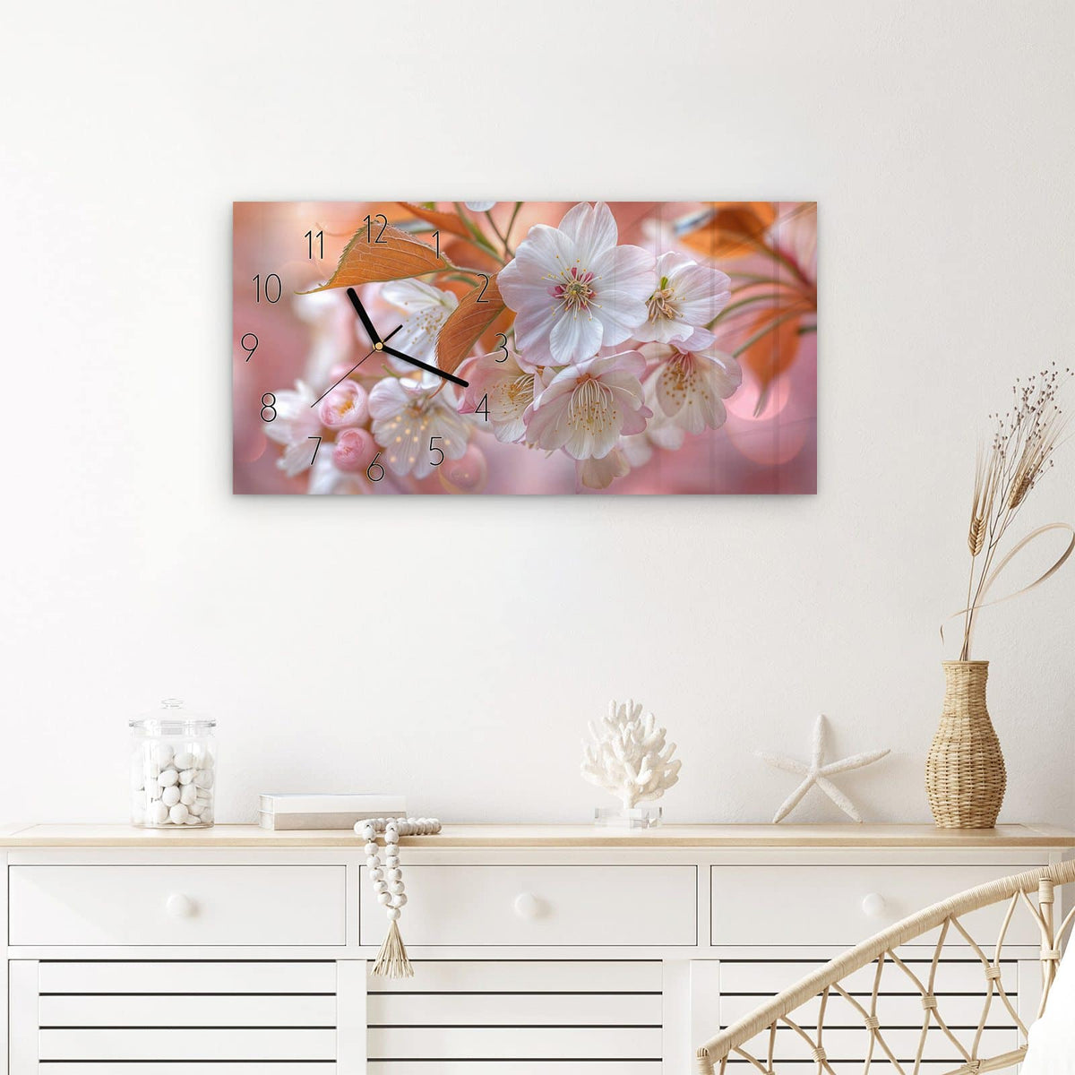 Wanduhr Üppige Blütenpracht aus Glas – Querformat 60 × 30 cm – Kirschblüten im warmen Bokeh