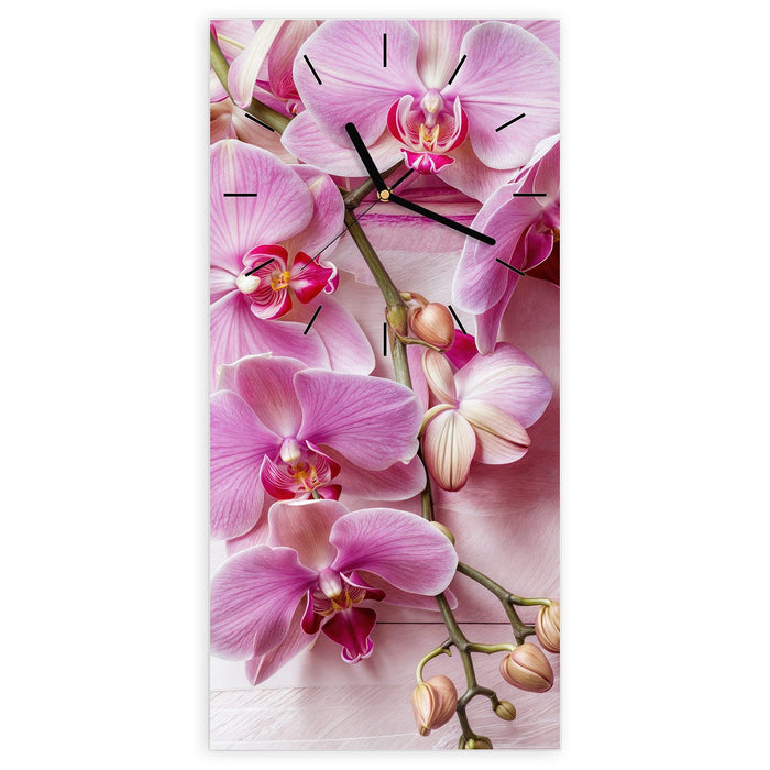 Wanduhr Orchideen Holz Hintergrund aus Glas – Hochformat 30 × 60 cm mit Ziffernblatt Linie