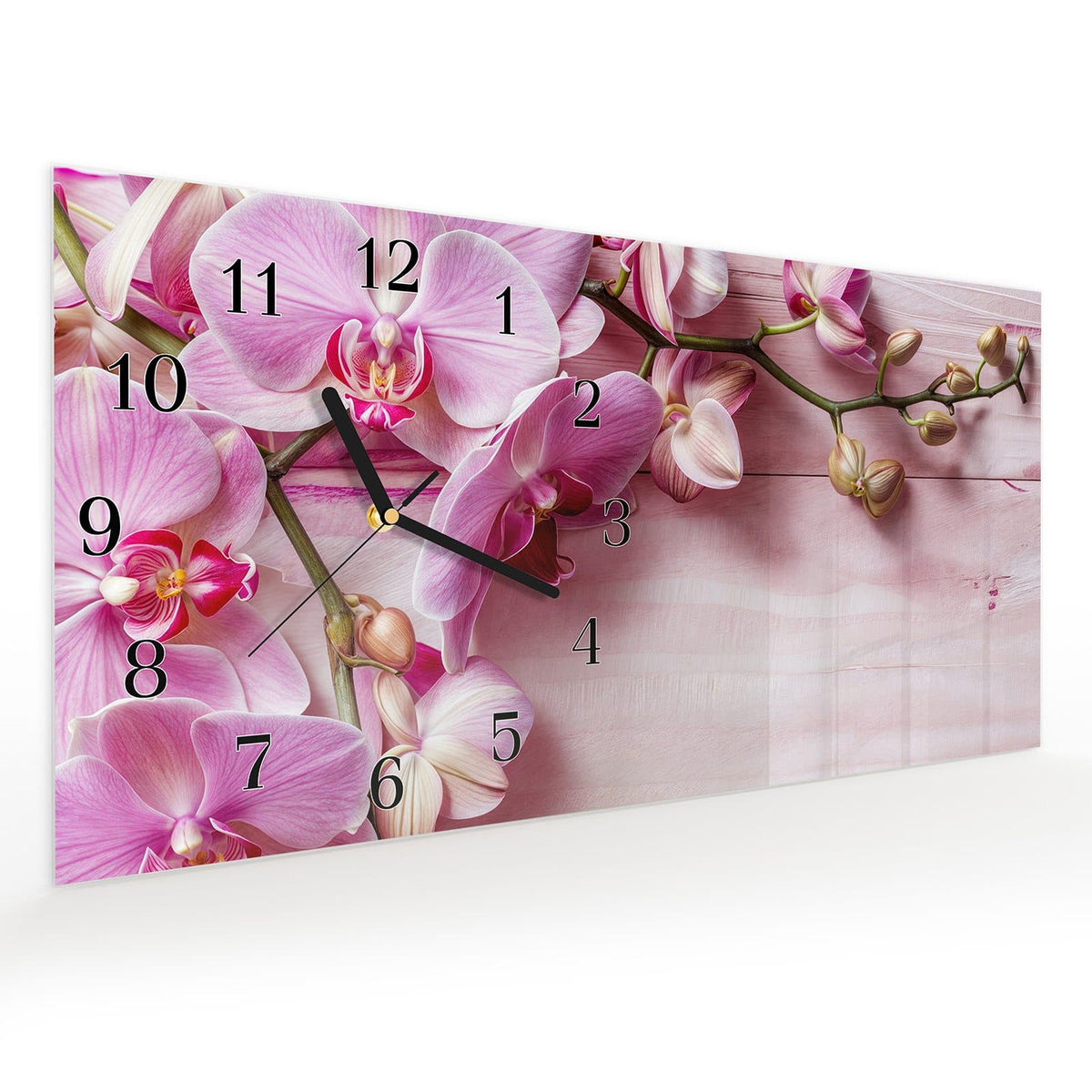 Vormontiert – mit Schwebeeffekt – Wanduhr Orchideen Holz Hintergrund aus Glas – Querformat 60 × 30 cm