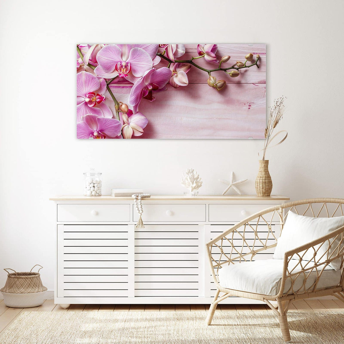 Echtglas, 4 mm – kein Acryl, keine Folie – Wandbild - Rosa Orchideenzweig - Querformat