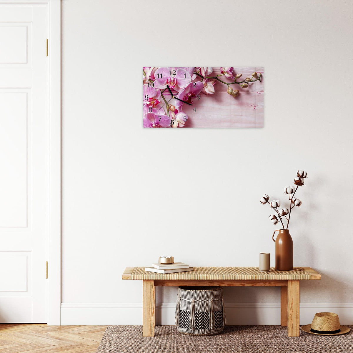 Moderne Wanduhr aus Glas mit Farbtiefe – Wanduhr Orchideen Holz Hintergrund aus Glas – Querformat 60 × 30 cm