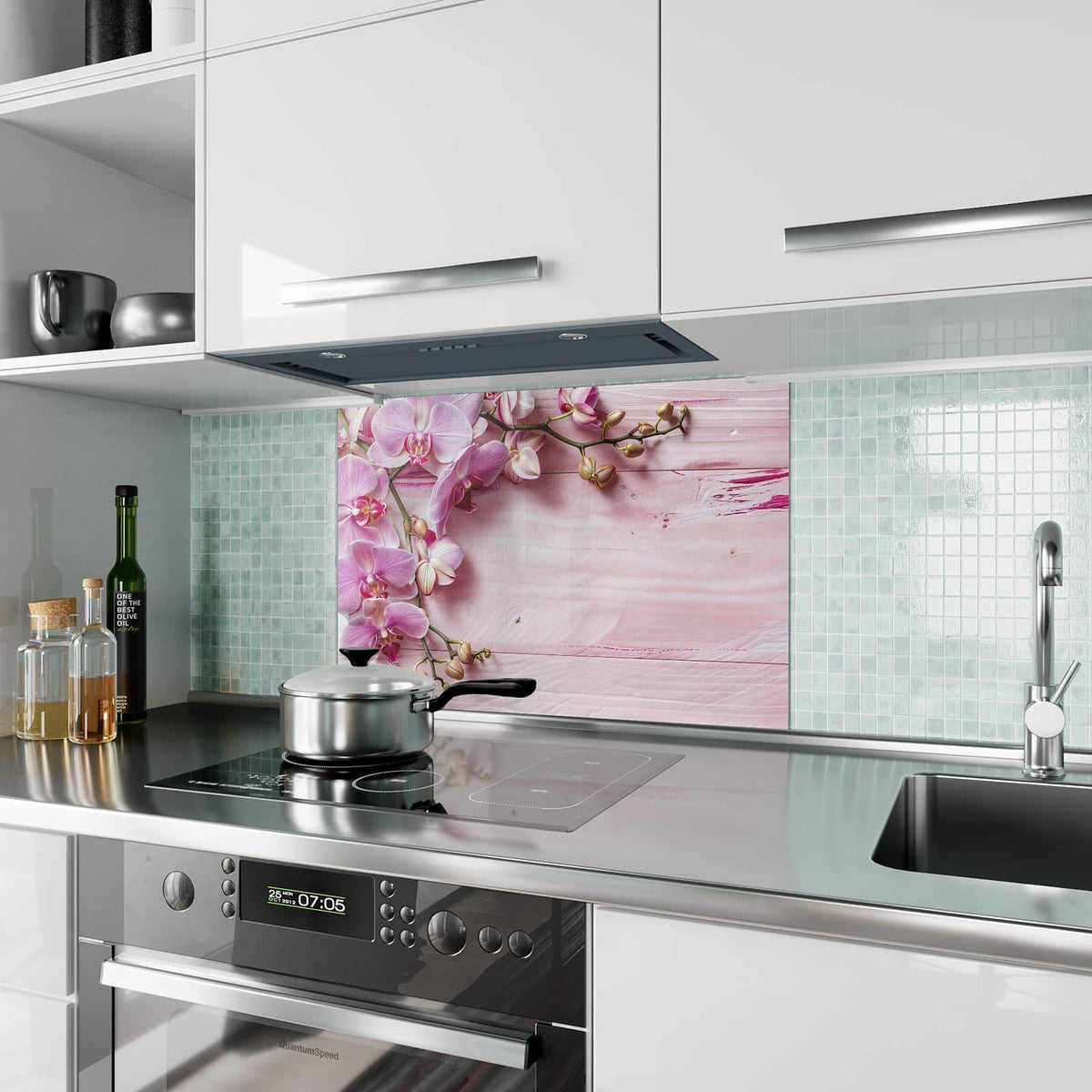 Küchenrückwand aus Glas Rosa Orchideenzweig im Hochformat als Spritzschutz hinter dem Kochfeld, über dem Fliesenspiegel montiert
