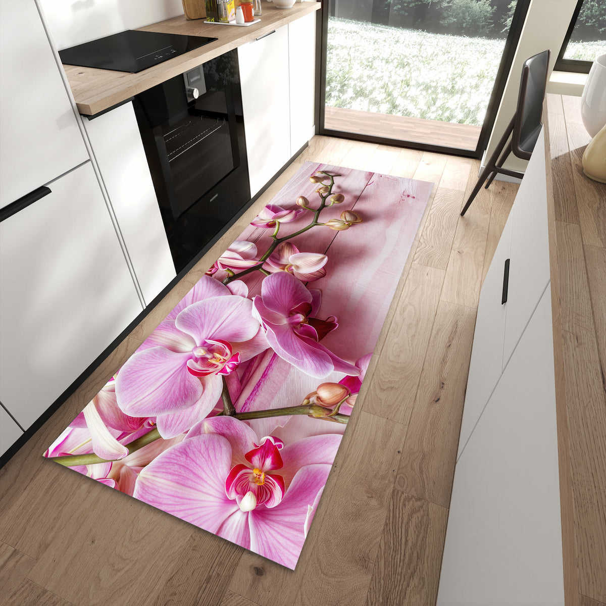 Fleckenresistenter Küchenteppich mit Motiv Orchideen Holz Hintergrund in moderner Küche
