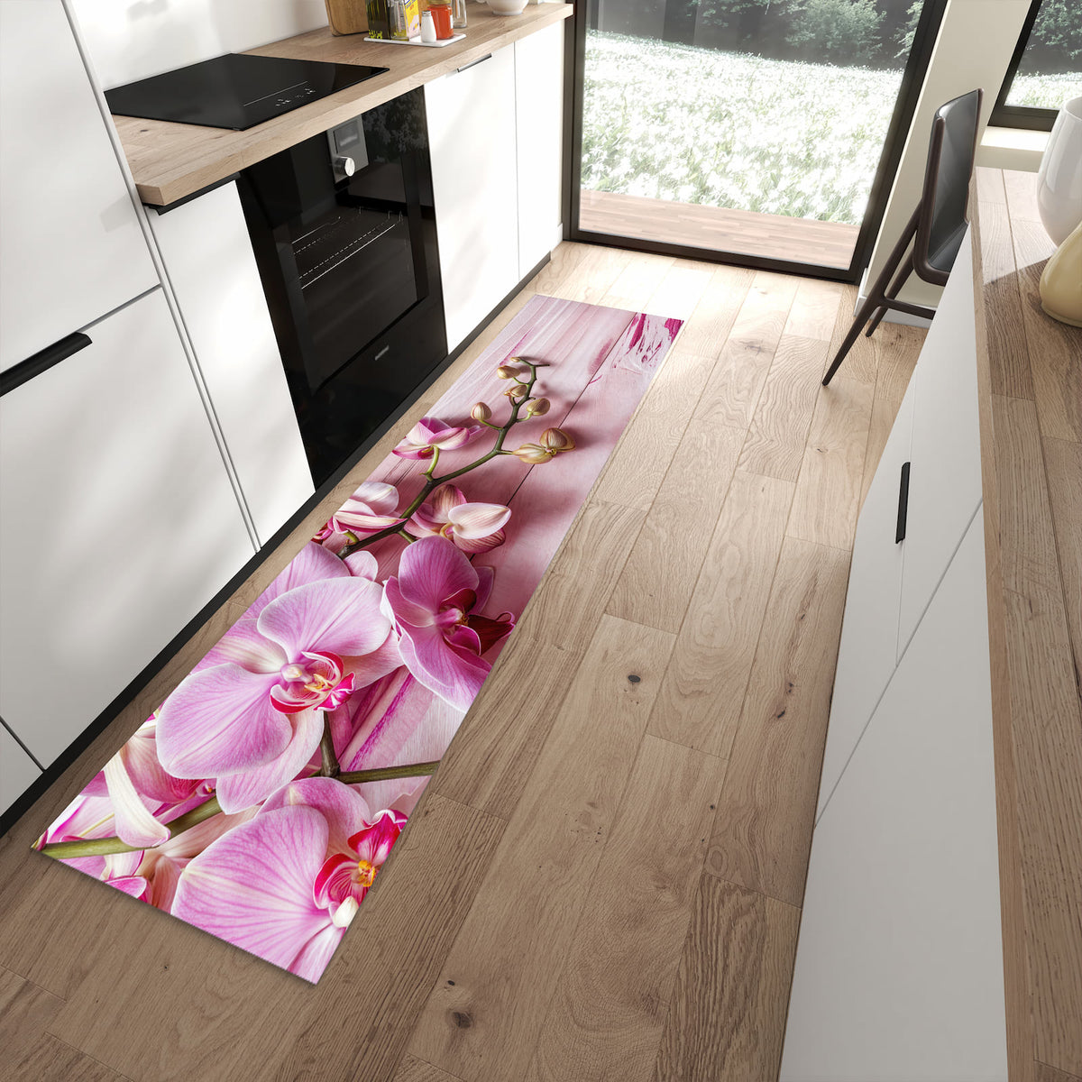 Küchenläufer - Rosa Orchideenzweig – Rosa Orchideen auf Pastellholz