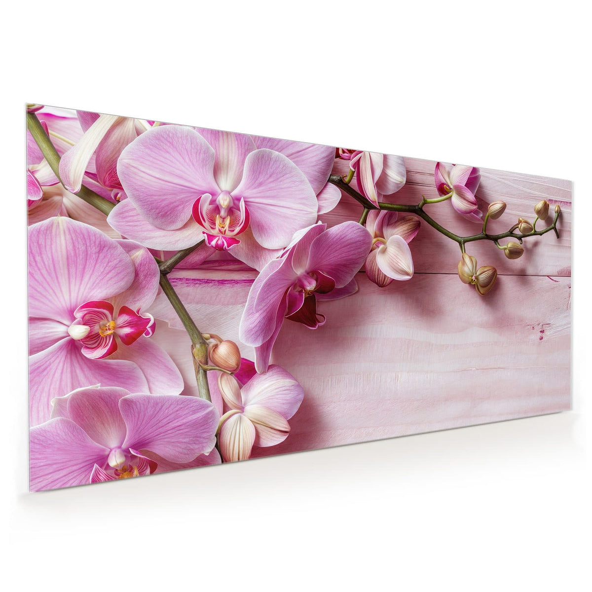 Küchenrückwand aus Glas im Hochformat: Rosa Orchideenzweig auf hell rosa gestrichenem Holz