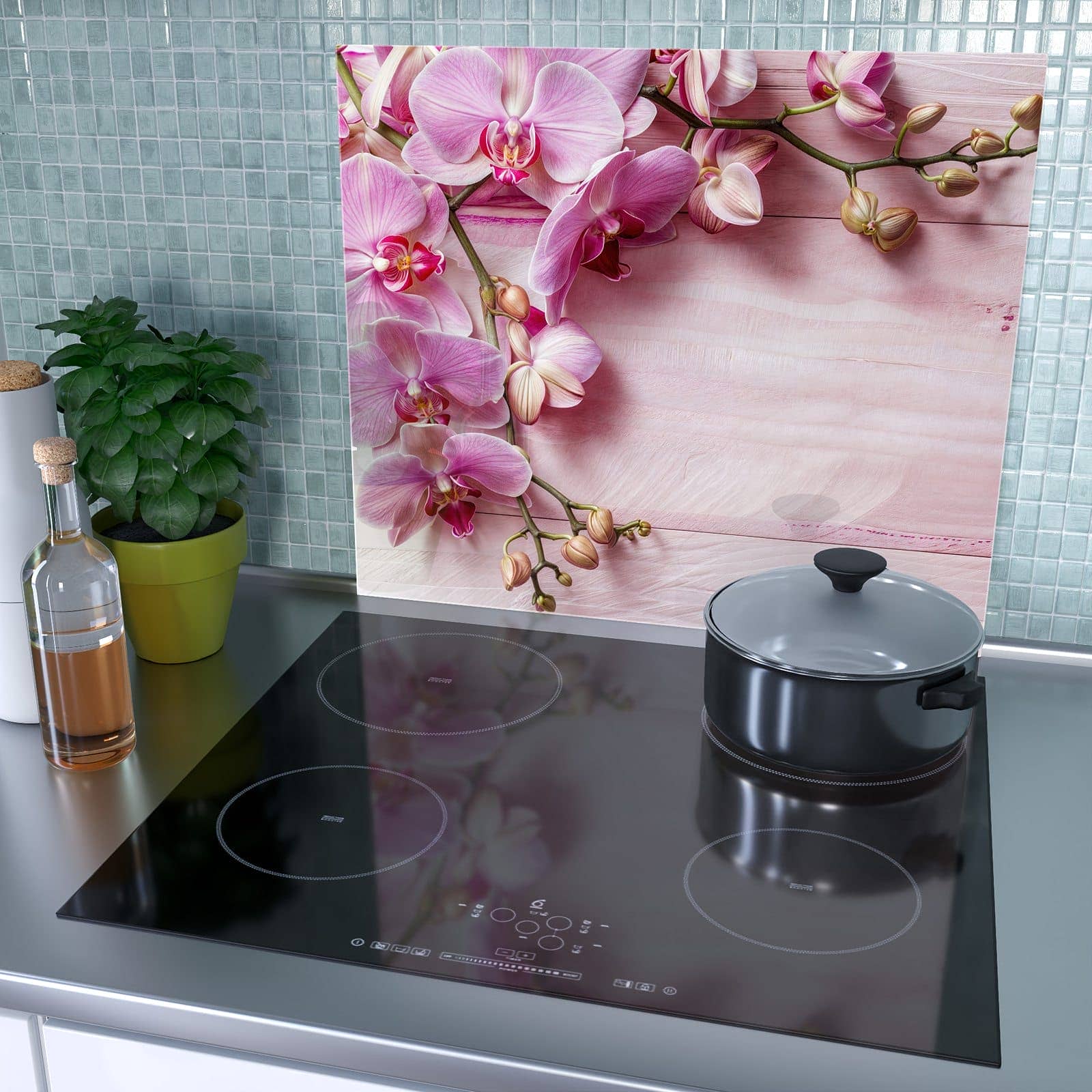 1-teilige Herdabdeckung aus Holz mit Orchideen Holz Hintergrund-Motiv als Spritzschutz hinter dem Kochfeld