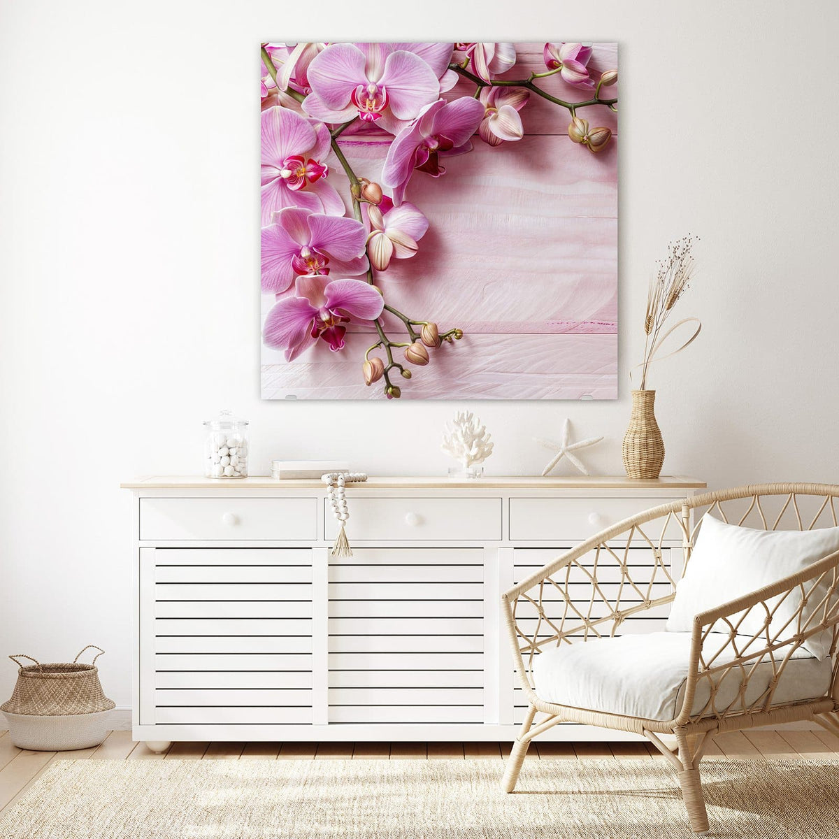 Echtglas, 4 mm – kein Acryl, keine Folie – Wandbild - Rosa Orchideenzweig - Quadratisch