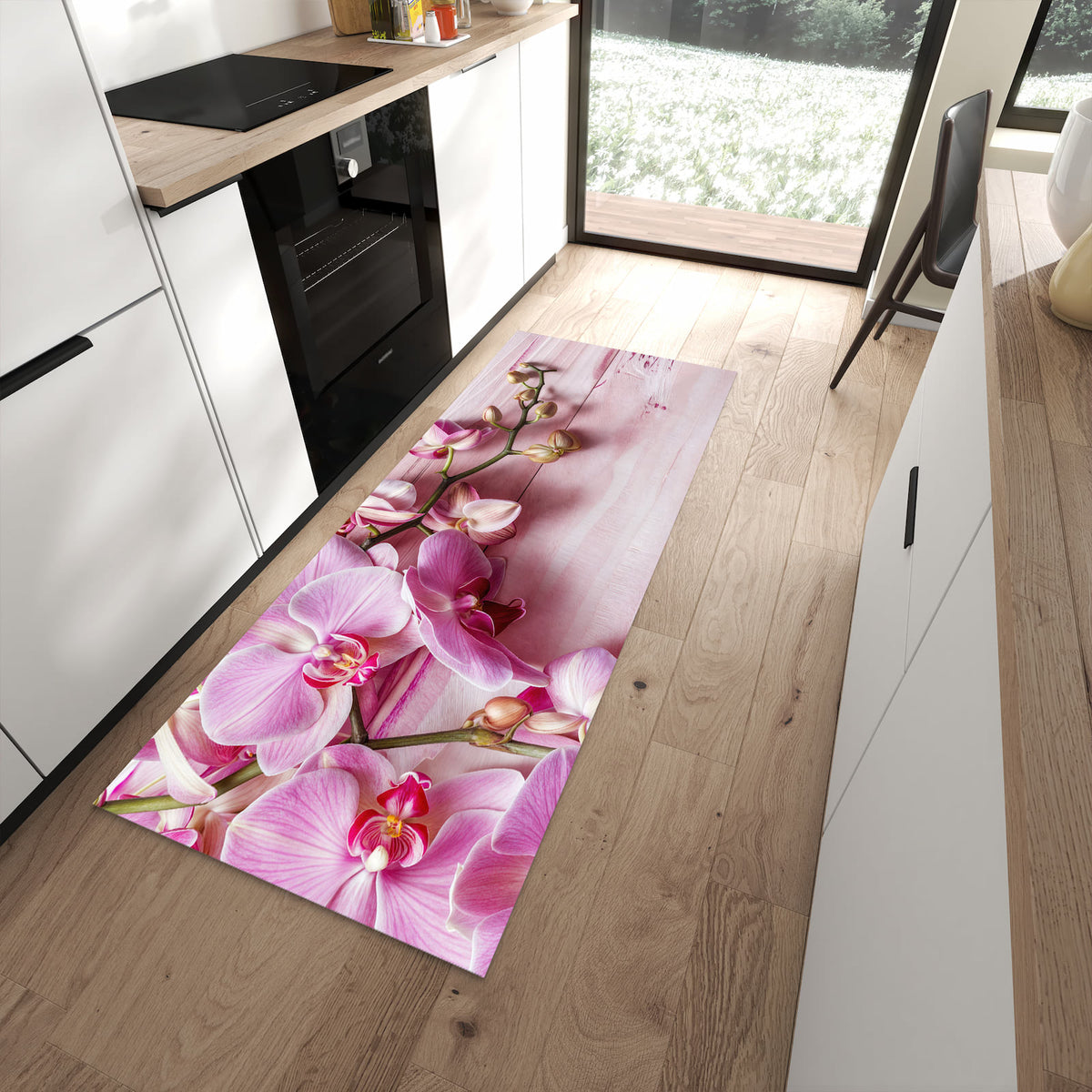 Geräuschdämpfender abwaschbarer Küchenläufer mit Motiv Orchideen Holz Hintergrund in moderner Küche
